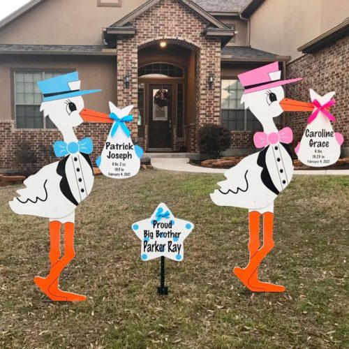 Twin Pink and Blue Stork Sign With Generic Bundles and Sibling Star, Birth Announcement Yard Stork Sign in Coumbia, SC Lexington, West Columbia and More
